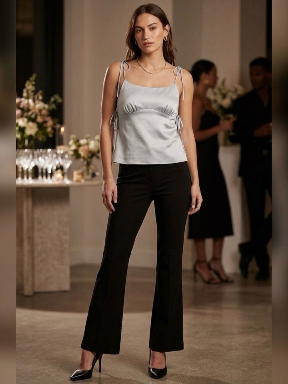 Topshop Silver Satin Tie Shoulder Cami Top Womens Ruched Bust Side Tie Size 4